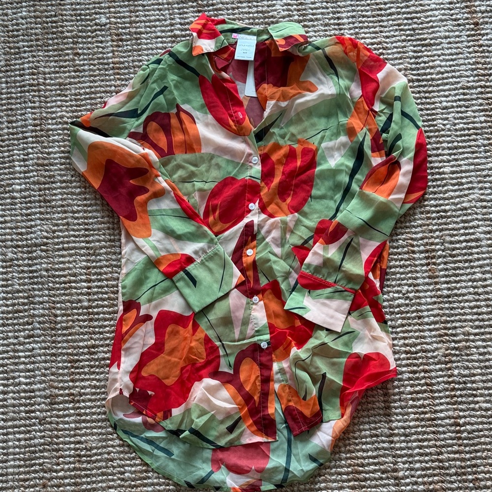 Lightweight Floral Button-Up cover up Blouse in Multi-Color